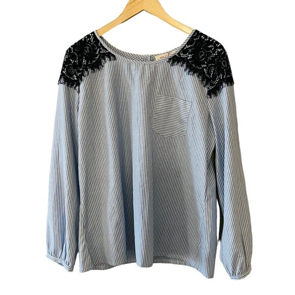 Solitaire Tops - Solitaire Striped Lace Detail Long Sleeve Top Size XL Blue Black NWT
